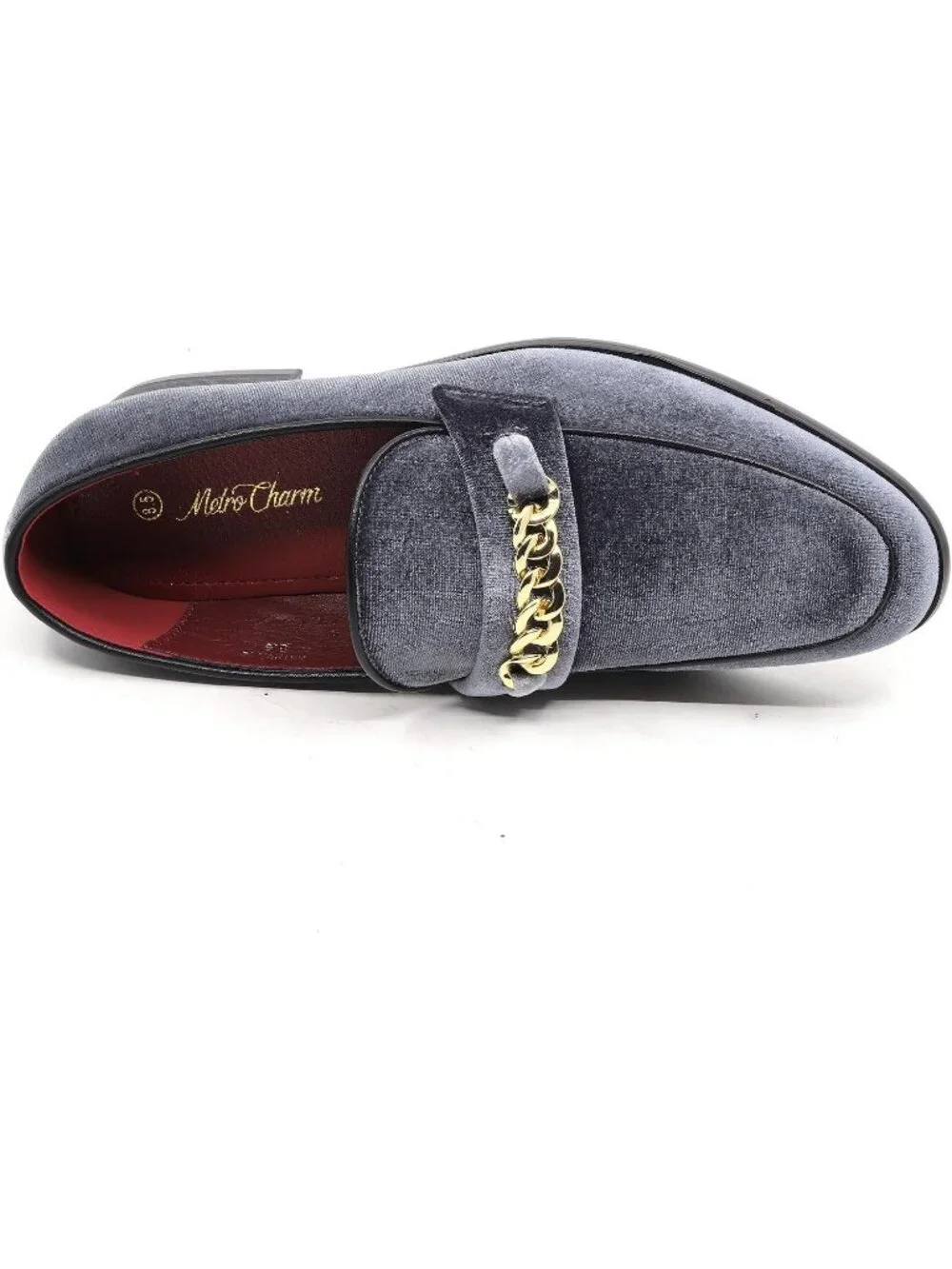 Metrocharm Men's Grey Vintage Velvet Loafers Gold Chain Buckle Slip On Shoes